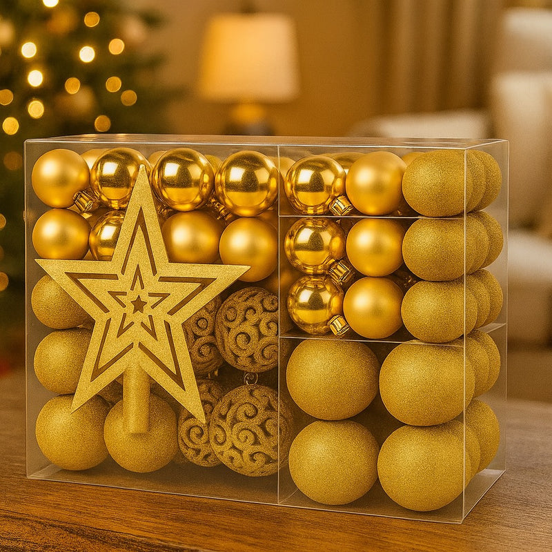 Kit Bolas de Natal Decorativas com 100 Peças  Vermelho ou Dourado | Acabamento Fosco, Brilhante e Glitter + Ponteira de Brinde | Enfeites para Árvore e Decoração Natalina