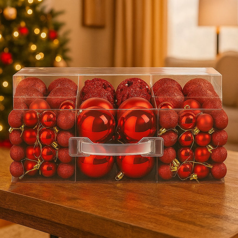 Kit Bolas de Natal Decorativas com 100 Peças  Vermelho ou Dourado | Acabamento Fosco, Brilhante e Glitter + Ponteira de Brinde | Enfeites para Árvore e Decoração Natalina