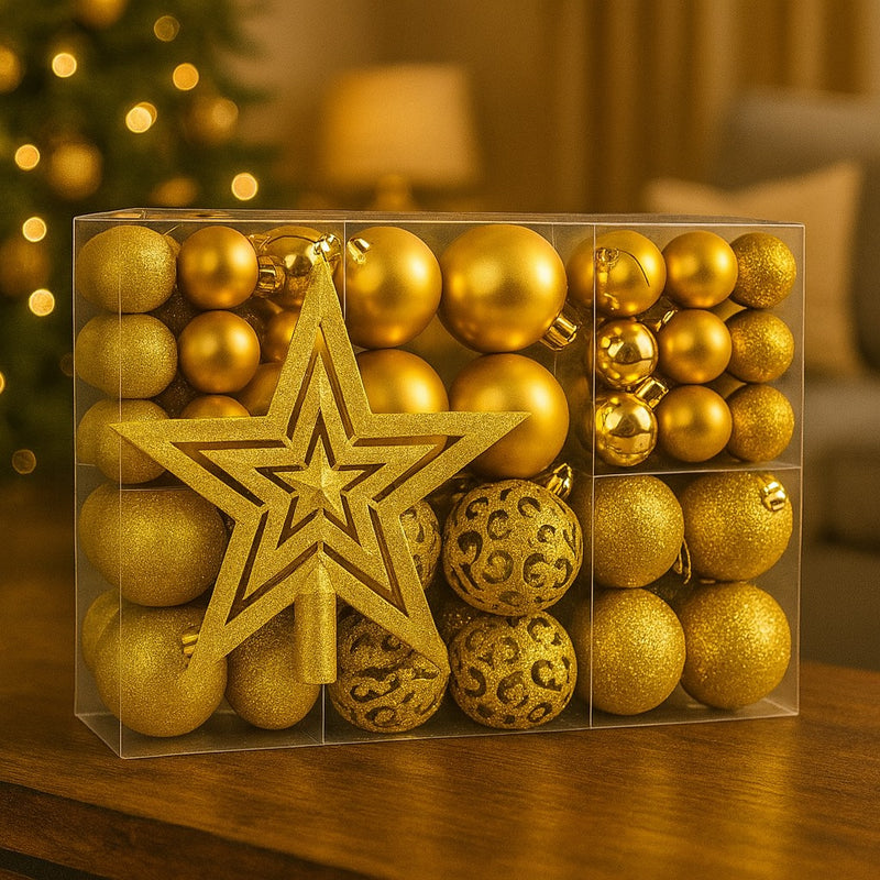 Kit Bolas de Natal Decorativas com 100 Peças  Vermelho ou Dourado | Acabamento Fosco, Brilhante e Glitter + Ponteira de Brinde | Enfeites para Árvore e Decoração Natalina