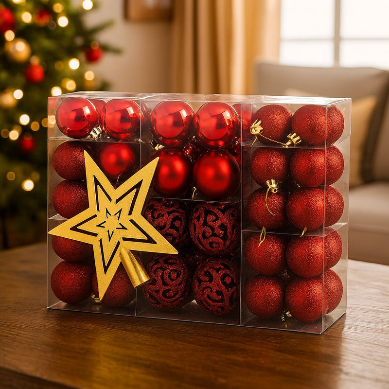 Kit Bolas de Natal Decorativas com 100 Peças  Vermelho ou Dourado | Acabamento Fosco, Brilhante e Glitter + Ponteira de Brinde | Enfeites para Árvore e Decoração Natalina