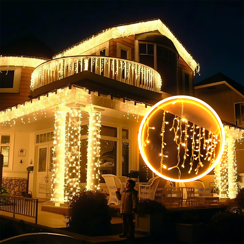 Cascata 400 LEDs Natal – 10 m – Branco Quente – 8 Funções – Fio Branco – 110V ou 220V
