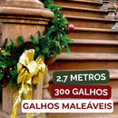Festão de Natal Aramado 2,70 m x 25 cm – 300 Galhos – Verde – Flexível para Escadas, Lareiras e Decoração