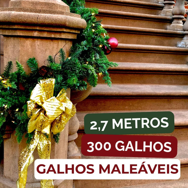 Festão de Natal Aramado 2,70 m x 25 cm – 300 Galhos – Verde – Flexível para Escadas, Lareiras e Decoração