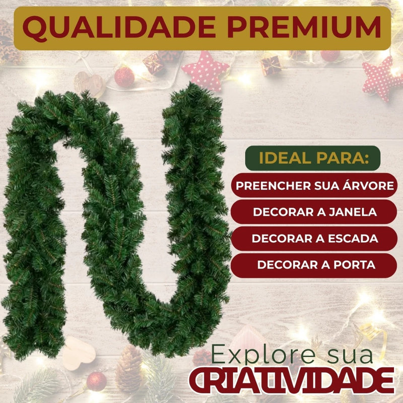 Festão de Natal Aramado 2,70 m x 25 cm – 300 Galhos – Verde – Flexível para Escadas, Lareiras e Decoração