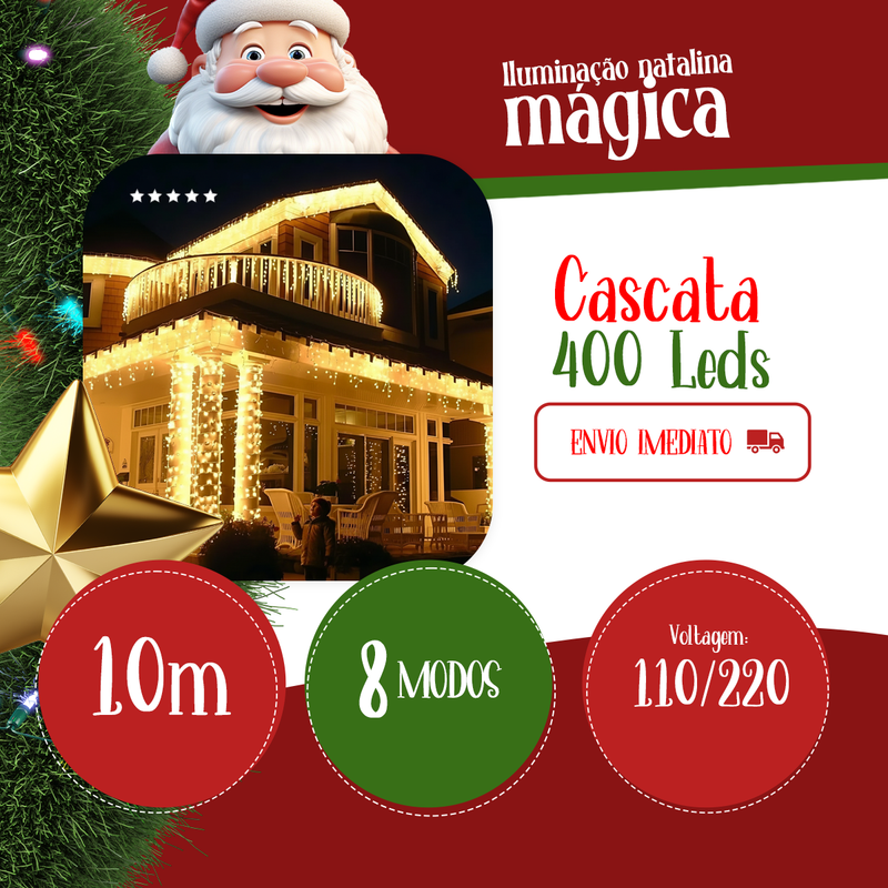 Cascata 400 LEDs Natal – 10 m – Branco Quente – 8 Funções – Fio Branco – 110V ou 220V