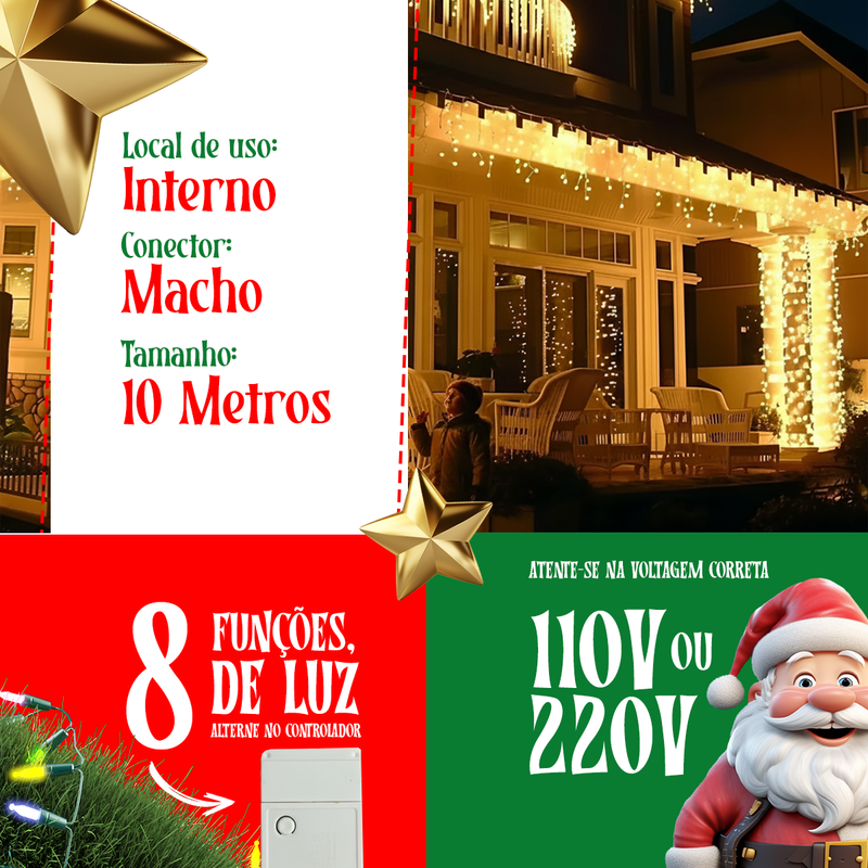 Cascata 400 LEDs Natal – 10 m – Branco Quente – 8 Funções – Fio Branco – 110V ou 220V