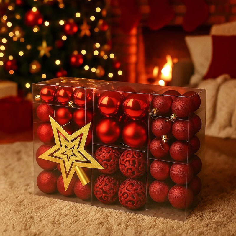 Kit Bolas de Natal Decorativas com 100 Peças  Vermelho ou Dourado | Acabamento Fosco, Brilhante e Glitter + Ponteira de Brinde | Enfeites para Árvore e Decoração Natalina