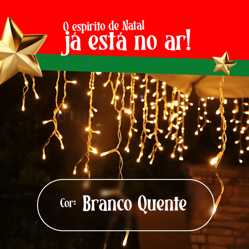 Cascata 400 LEDs Natal – 10 m – Branco Quente – 8 Funções – Fio Branco – 110V ou 220V