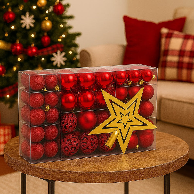 Kit Bolas de Natal Decorativas com 100 Peças  Vermelho ou Dourado | Acabamento Fosco, Brilhante e Glitter + Ponteira de Brinde | Enfeites para Árvore e Decoração Natalina