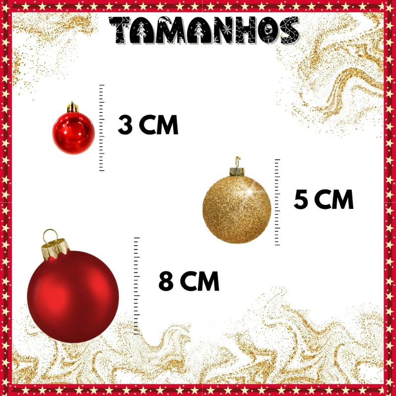 Kits de Bolas de Natal Diversos tamanhos – Vermelho ou Dourado – Foscas, Brilhantes e com Glitter para Árvore e Decoração