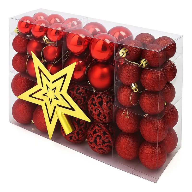 Kit Bolas de Natal Decorativas com 100 Peças  Vermelho ou Dourado | Acabamento Fosco, Brilhante e Glitter + Ponteira de Brinde | Enfeites para Árvore e Decoração Natalina