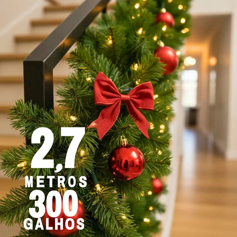 Festão de Natal Aramado 2,70 m x 25 cm – 300 Galhos – Verde – Flexível para Escadas, Lareiras e Decoração
